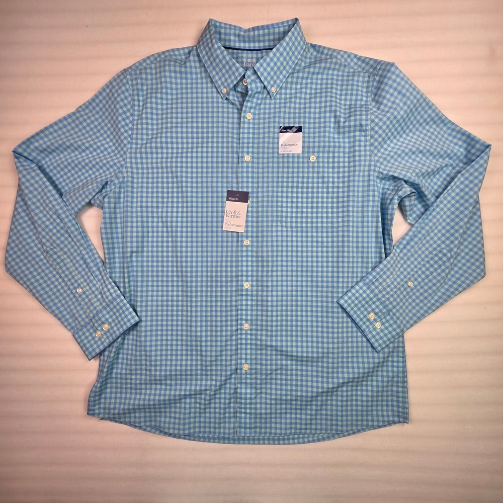Croft & Barrow Mens XL Slim Fit Performance Shirt Blue Green Gingham Long Sleeve